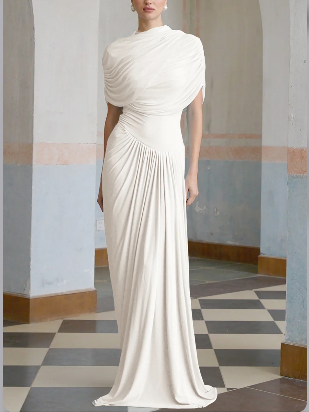 Elegant White Draped Maxi Dress
